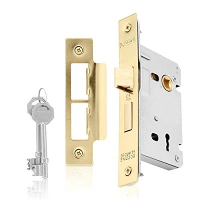 Image of XFORT® 3 Lever Polished Brass Mortice Sashlock 65mm, Door Lock with Key for Internal and External Doors, Latch Mechanism Locking Security, CE Approved Fire Rated Protection.
