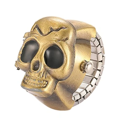 Image of JewelryWe Men Women Finger Watch Punk Skull Flip Open Cover Quartz Analog Ring Watches, Adjustable Size