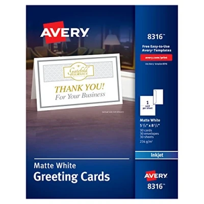Image of Avery Printable Greeting Cards with Envelopes, Half Fold, 5.5&quot; x 8.5&quot;, Matte White, 30 Blank for Inkjet Printers (08316)
