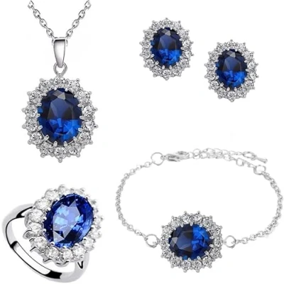 Image of TOFBS Jewellery Set for Women and Girls Cubic Zirconia Pendant Necklace Earrings Bracelet Ring Princess Diana (Royal Blue)