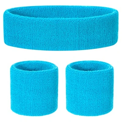 Image of ONUPGO Kids Sweatbands Headband Wristband Set Athletic Cotton Sweat Band for Sports (1 + 2 Wristbands) (Neon Blue)