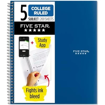 Image of Five Star Spiral Notebook + Study App, 5 Subject, College Ruled Paper, Fights Ink Bleed, Water Resistant Cover, 8 1/2&quot; x 11&quot;, 200 Sheets, Blue (73635)