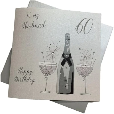 Image of white cotton cards &quot;To My Husband 60 Happy Birthday, Champagne Flutes Handmade Card, XPD28