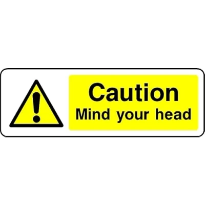 Image of Caution Mind Your Head Safety Sign (L) Self Adhesive Sticker (150mm x 50mm)
