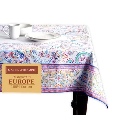 Image of Maison d&#039; Hermine Tablecloth 100% Cotton Table Cover Decorative Washable Square Easter Tablecloths for Kitchen, Dining, Buffet Parties &amp; Camping, Indian Floral Spring/Summer (140cm x 180cm)