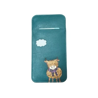Image of Mala leather Highland Cow Slip In Glasses case soft wide tab top ladies (Teal)