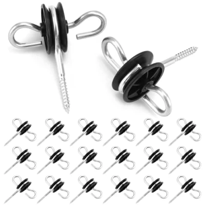 Image of QWORK® 20Pcs Electric Fencing Ring Insulators, Wire Mesh Double Hook Insulator, Wooden Post Insulator Screw in, for Ropes, Wires and Strands.