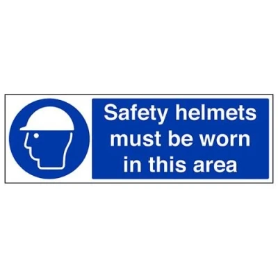 Image of V Safety Helmets Must Be Worn In This Area PPE Sign 600mm x 200mm 1mm Rigid Plastic