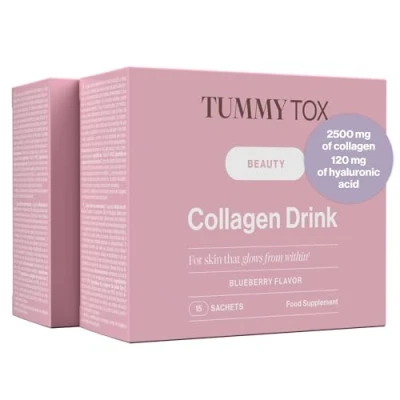 Image of Collagen Powder with Hyaluronic Acid, and Vitamin C, 2500 mg Hydrolysed Marine Type I, 30 Sachets for Days, Blueberry Flavor Drink by Tummy Tox