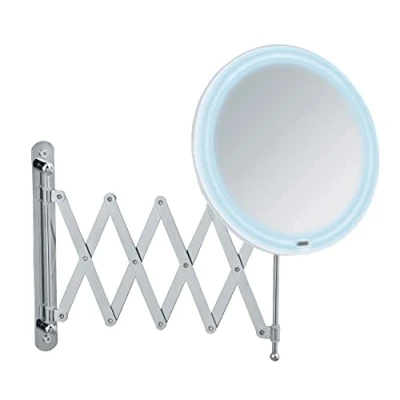 Image of WENKO Barona LED Telescopic Wall Mirror with Lighting, Make Up Extendible Arm (55 cm), Adjustable Pivoting and Height, Touch Function, USB or Battery, Diameter 20 cm
