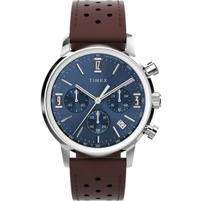 Image of Timex Men&#039;s Marlin Chronograph 40 mm Watch Brown Leather Two Piece Quick Release Strap Blue Dial Stainless Steel Case TW2W10200