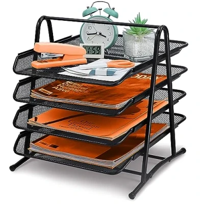Image of Wire Mesh Letter Tray, 4 Tier Desk Organizer Office, Sliding Paper A4 Filing Trays, Magazine File Storage Document Metal in Desktop Tidy For Home, Office