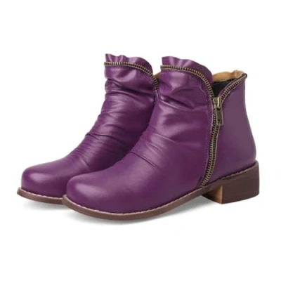 Image of Women&#039;s Low Chunky Heel Booties,Comfy Round Toe Side Zipper Winter Ankle Boots,Vintage Leather Casual Dressy Shoes,Purple,5 UK
