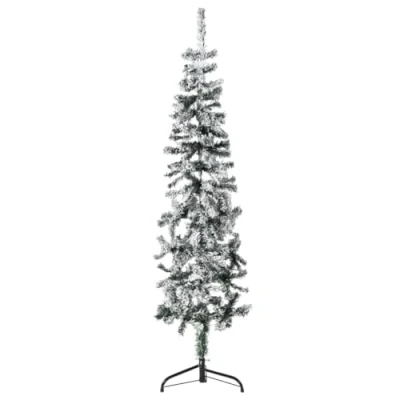 Image of &quot;vidaXL Half Artificial Christmas Tree with Flocked Snow, Slim PVC Decorative Xmas Tree, Ideal for Tight Spaces, Easy Assembly, Green and White Height 150 cm&quot;