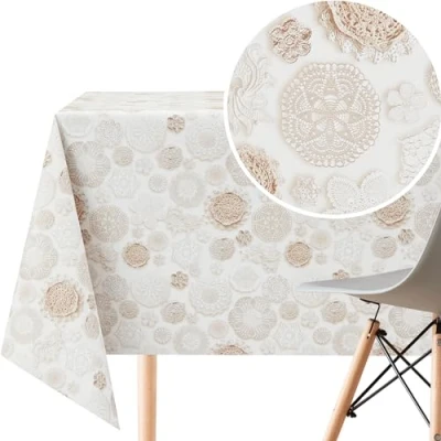 Image of KP Home Beige PVC Table Cloth Wipe Clean Tablecloth Oilcloth In Lace Print Rectangular 300 x 140 cm 118x55 10 Seats Wipeable Waterproof Vinyl Protector Plastic Cover Shabby Chic 3