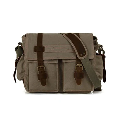 Image of FANDARE Unisex Messenger Bag Canvas Satchel College Outdoor Travel Bookbag Commute Work Shoulder 14 inch Laptop Crossbody for Men/Women ArmyGreen