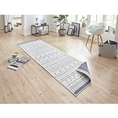 Image of bougari Outdoor Rug Flat Weave Reversible Cuba (80 x 250 cm, 100% Polypropylene, Durable and Easy to Clean, UV Moisture Resistant, Suitable for Underfloor Heating) Blue/Cream