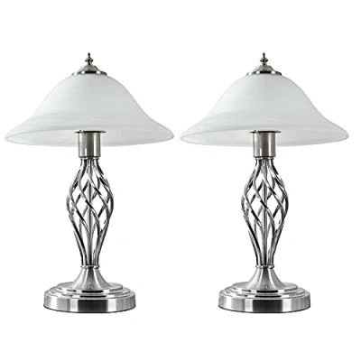 Image of MiniSun Pair of Traditional Style Satin Nickel Barley Twist Table Lamps with a Frosted Alabaster Shade