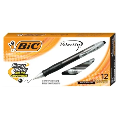 Image of BIC Velocity Retractable Ballpoint Pens, Medium Point (1.0 mm), Black Ink 12 Count Pack, With Comfortable Grip