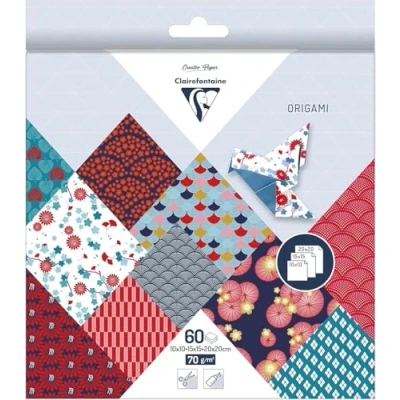 Image of Clairefontaine Ref 95347C Origami Paper (Pack of 60 Sheets) 3 Assorted Sizes in Size, 70gsm Paper, Printed Design on Front &amp; Plain Backs Hanayo Patterns