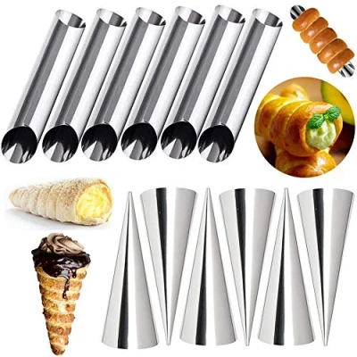 Image of FishMM 12 Pieces Cream Horn Molds, Stainless Steel Cone Shaped and Tubular Mold for Cannoli Tubes Ice Lady Lock Puff Waffle Pastry Roll Croissant Shell