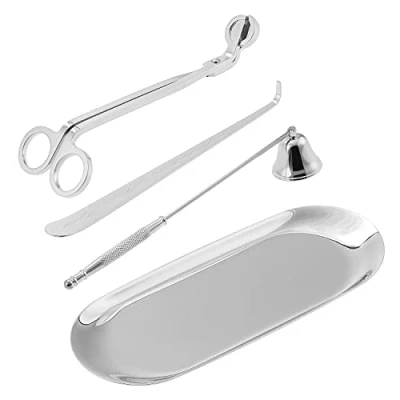 Image of Kinsinder 4pcs Stainless Steel Candle Accessory Tool Set, Care Kit Include Snuffer, Wick Trimmer, Dipper and Storage Tray Plate (Silver)