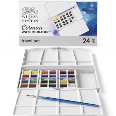 Image of Winsor &amp; Newton, Cotman Watercolour &#039;Travel Set&#039;, 24 x Half Pans + 1 Round Brush