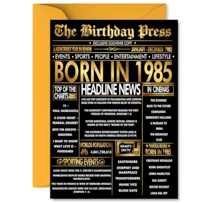 Image of Gold 40th Birthday Card for Men Women Black &amp; Golden Newspaper Born in 1985 Happy 40 Cards Friend Uncle Auntie Nephew Sister Son, 5x7 Inch Bday Greeting