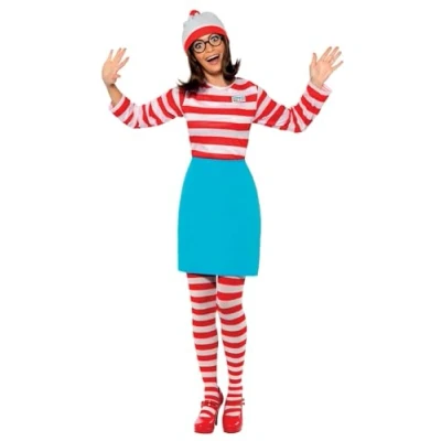 Image of Smiffys Where&#039;s Wally Wenda Costume, Adults Red &amp; White Top, Skirt, Hat, Tights Glasses, Iconic Bobble Hat Elasticated Perfect for a Themed Parties or World Book Day Halloween