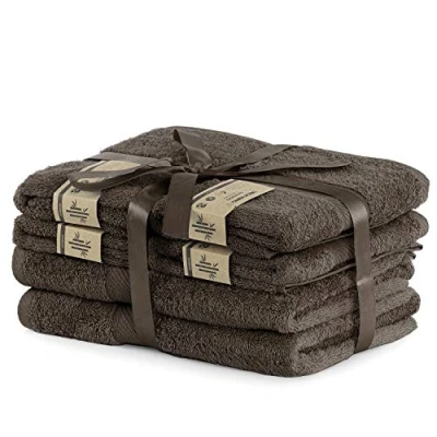 Image of DecoKing Set of 6 Brown Cotton 4 Hand Towels 50 x 100 cm and 2 Bath 70 140 Bamboo Viscose Absorbent Antibacterial Bamby Chocolate