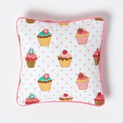 Image of HOMESCAPES 100% Cotton Cup Cakes Cushion Cover 30 x cm Square 12 Inches Blue Pink Red White Sofa Pillow Washable