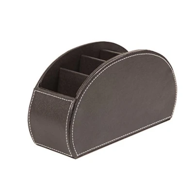 Image of OSCO Brown Faux Leather Remote Organiser 5 Compartments Office Tidy TV Control Storage Pen Holder Makeup sorter Cosmetics Display H12 x W22.53 D7.8 cm
