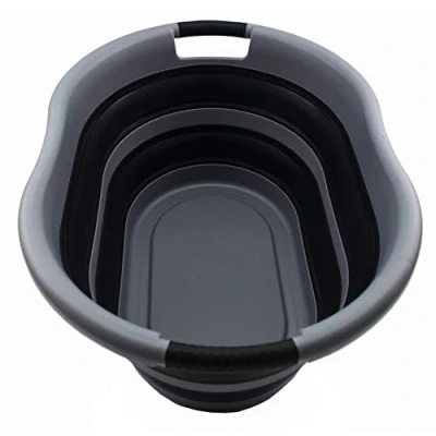 Image of SAMMART 36L Collapsible Plastic Laundry Basket Oval Tub/Basket Foldable Storage Container/Organizer Portable Washing Tub Space Saving Hamper, Water Capacity: 28L (1, Grey/Black)