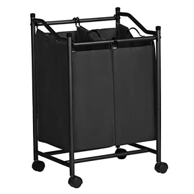 Image of SONGMICS 2 Bag Rolling Laundry Sorter, Basket on Wheels, Hamper with Removable Bags, Total Capacity 90L, Black LSF002BK