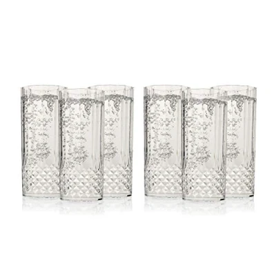 Image of ADEPTNA Durable 6PK Clear Crystal Effect Long Drink Glasses Plastic Highball Whiskey Wine Champagne Flute Tumblers Drinks Cups Reusable