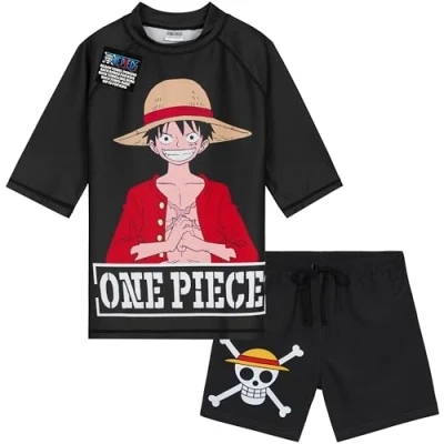 Image of Get Trend Swimsuit Set for Boys Teenagers 2 Pcs with Swimming Trunks Rash Vest Beach Trip Holiday Essentials (13 14 Years, Black One Piece)