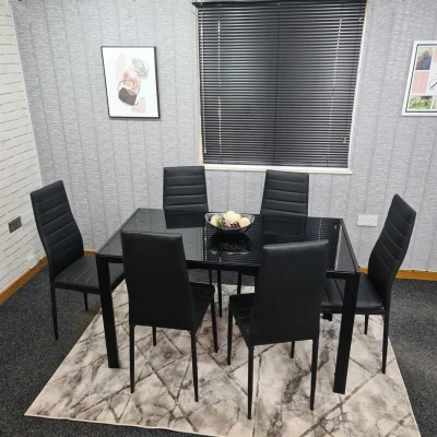 Image of KOSY KOALA ALL BLACK GLASS DINING Table AND 6 FAUX LEATHER CHAIRS (Black, with chairs)