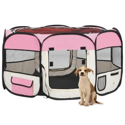 Image of &#039;vidaXL Foldable Dog Playpen with Carrying Bag Pink, Spacious and Portable, Ideal for Home Travel, Made of Durable Polyester Steel Frame, Breathable Side Nets, Charming Design