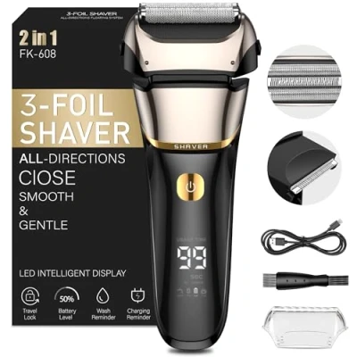 Image of Shavers for Men,2 in1 Foil Shaver with 3 Floating Blades, Electric Razor Men IPX7 Wet &amp; Dry,Cordless Precision Beard Trimmer,100 Min,USB C,Electric Close Shaving,LED Display Timer