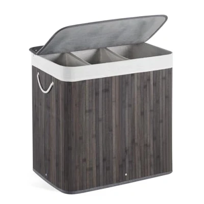 Image of Bamboo Laundry Basket Foldable with 3 Sections Storage Hamper Removable Washable Lining Washing Bin, 150L, 61.5 x 40 60 cm, Light Grey