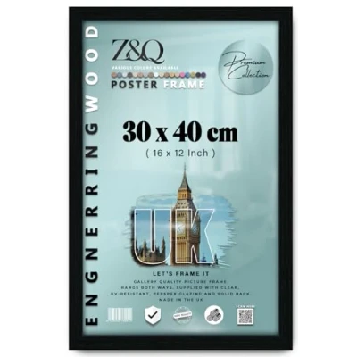 Image of Z&amp;Q Wall Mounted Poster Picture Frame Black 40 x 30 cm Display Painting Photo Print With HD Clear Perspex Both Ways Hanging Hooks MDF Wood 30x15mm Moulding