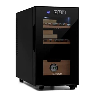 Image of Klarstein El Presidente Cigar humidor thermoelectric Cabinet with Glass Door, humidifier Cedar Wood Shelves, Hygrometer, LED Interior Light, Black, 23L
