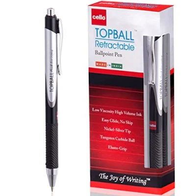 Image of Cello Topball Grip Black Retractable Ballpoint Pens Medium Point (1.0 mm) Pack of 12 Biro, Ball Pens; Ideal for School, Work, Home stationary supplies
