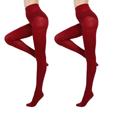 Image of MANZI 2 Pairs 70 Denier Women&#039;s Tights Stretch Run Resistant Opaque Control Top Tights(2 Red, S)