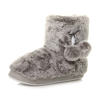 Image of Ajvani Womens Ladies Winter pom Fur Lined Knitted Ankle Slipper Boots, Grey Fur, 3 UK