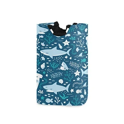 Image of Cartoon Blue Sharks with Sealife Laundry Hamper Basket Bucket Foldable Dirty Clothes Bag Washing Bin Toy Storage Organizer for College Dorms, Kids Bedroom,Bathroom