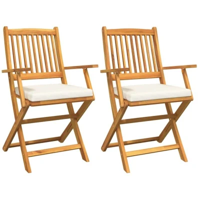 Image of vidaXL Folding Garden Chairs with White Cushion 2pcs Solid Acacia Wood
