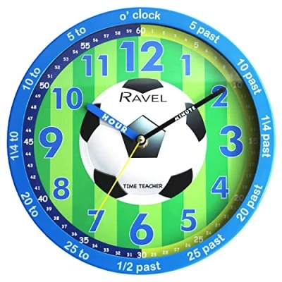Image of Ravel Children&#039;s 25cm Time Teacher Wall Clock R.KC.12 Analogue Quartz Blue Football/Green Dial