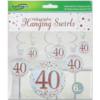 Image of OakTree Sparkling Fizz Hanging Swirls 40th White &amp; Rose Gold 6pcs
