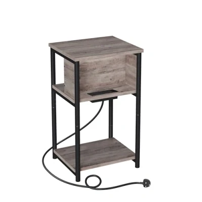 Image of VASAGLE Slim Side Table with Charging Station, Narrow Bedside 2 AC Outlets USB Outlets, 30 x 34 58 cm, for Living Room, Bedroom, Heather Greige and Ink Black LET374B02